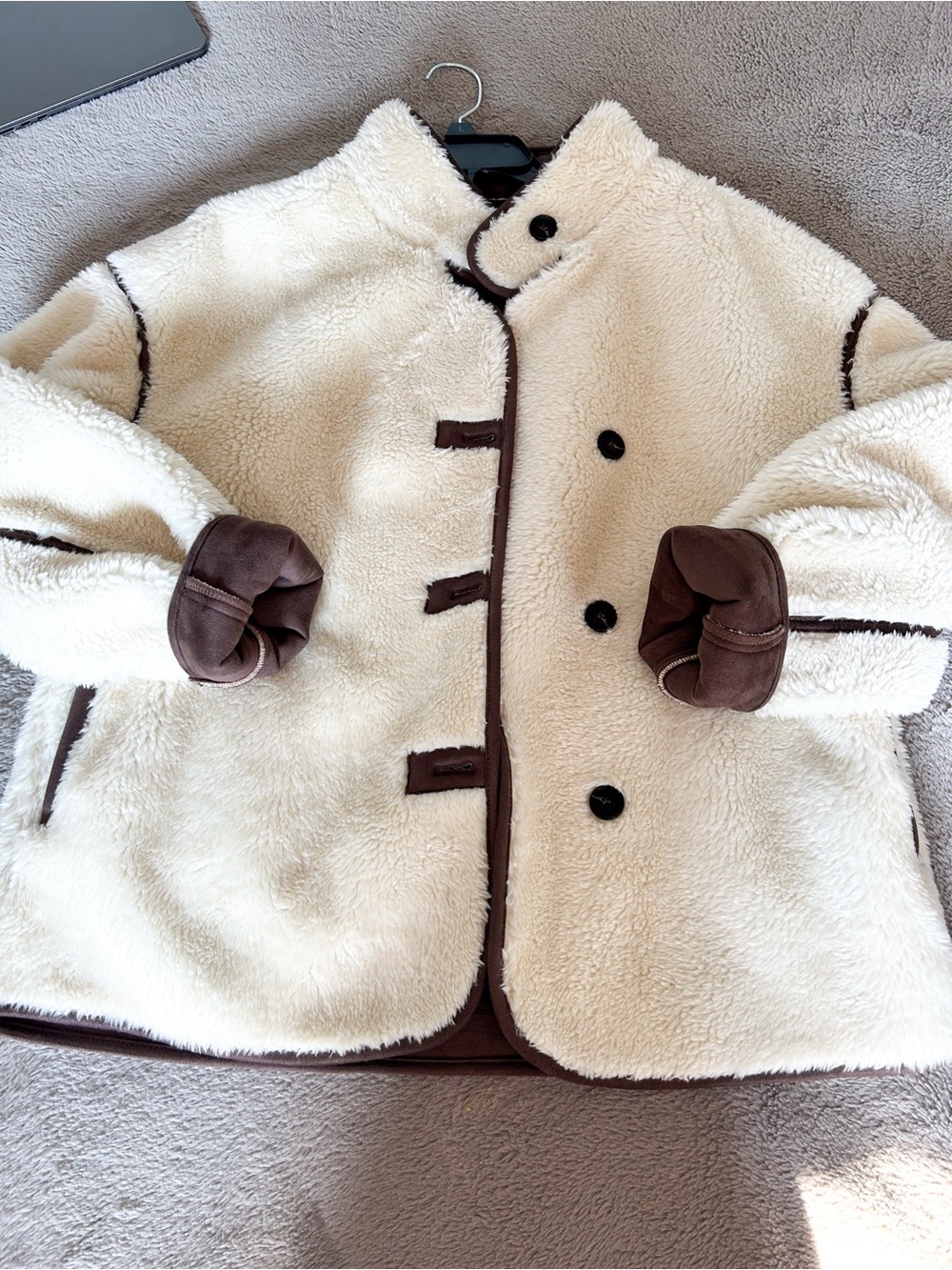 Cream Sherpa Jacket with Brown Trim